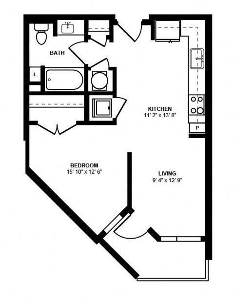 Floor plan for 1 bed, 1 bath, 648 sqft